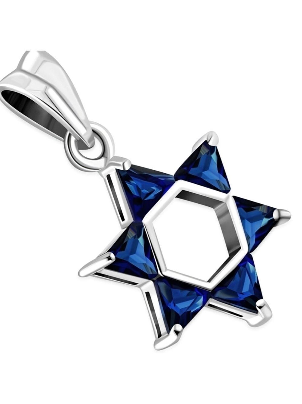 PENDANT, Sterling Silver Star of David with 6 Blue Sapphire CZ gems Medium